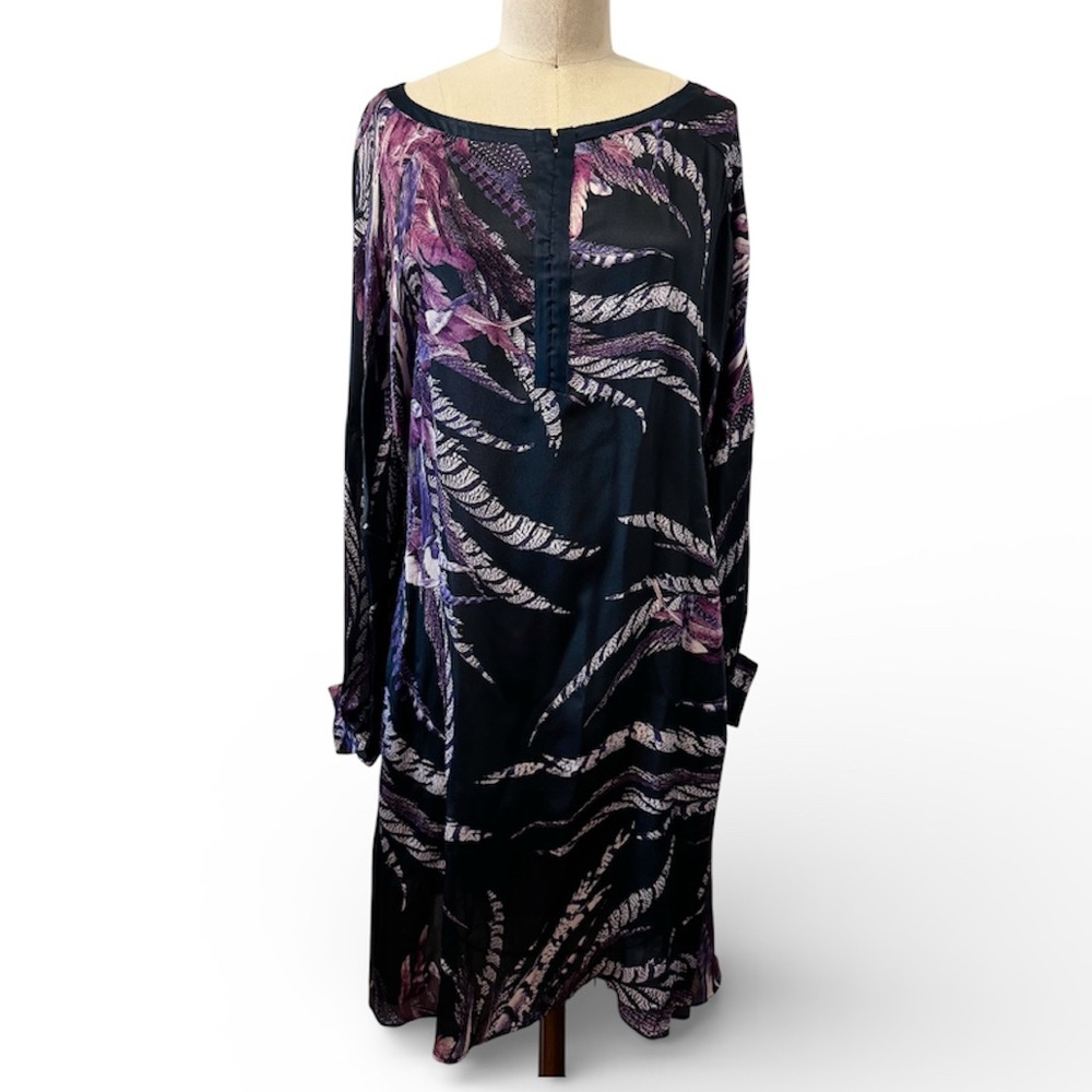 Just Cavalli Blue and Purple Feather Printed Long Sleeve Dress